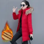 Warm Women’s Mid-Length Padded Coat with Detachable Hood and Fur Collar