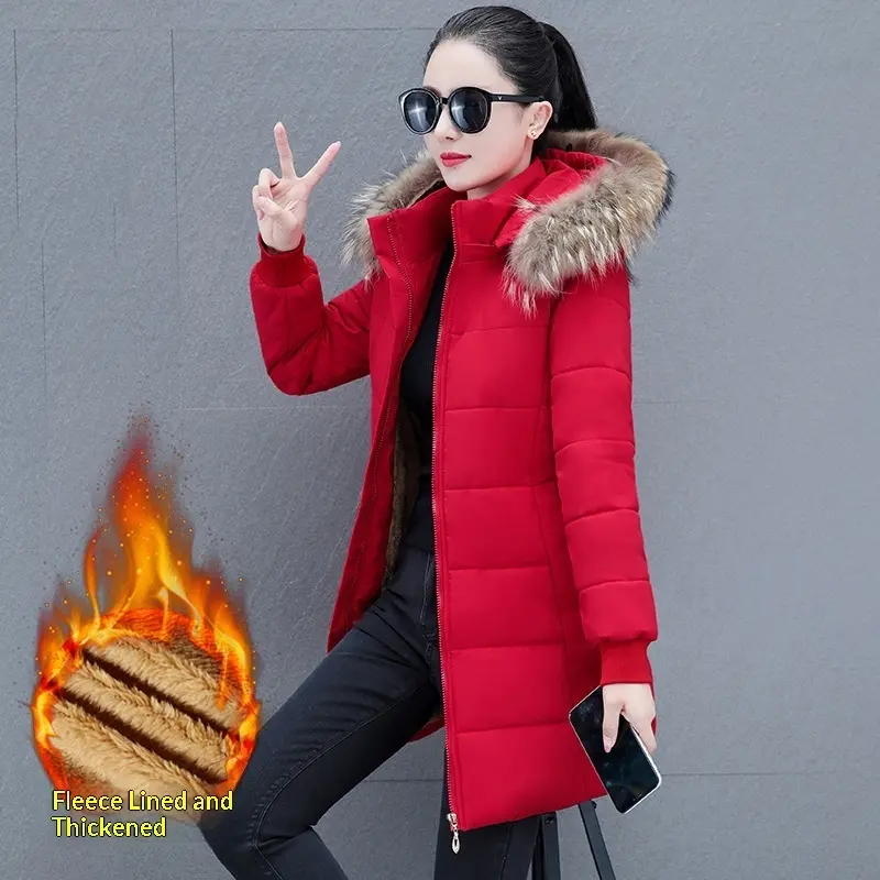 Warm Women’s Mid-Length Padded Coat with Detachable Hood and Fur Collar