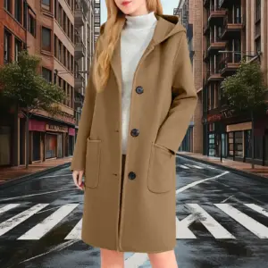 Womens Double-Faced Wool Coat with Hood for Warm Comfort