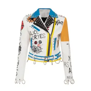 Personalized Graffiti Print Motorcycle Leather Jacket Model 4