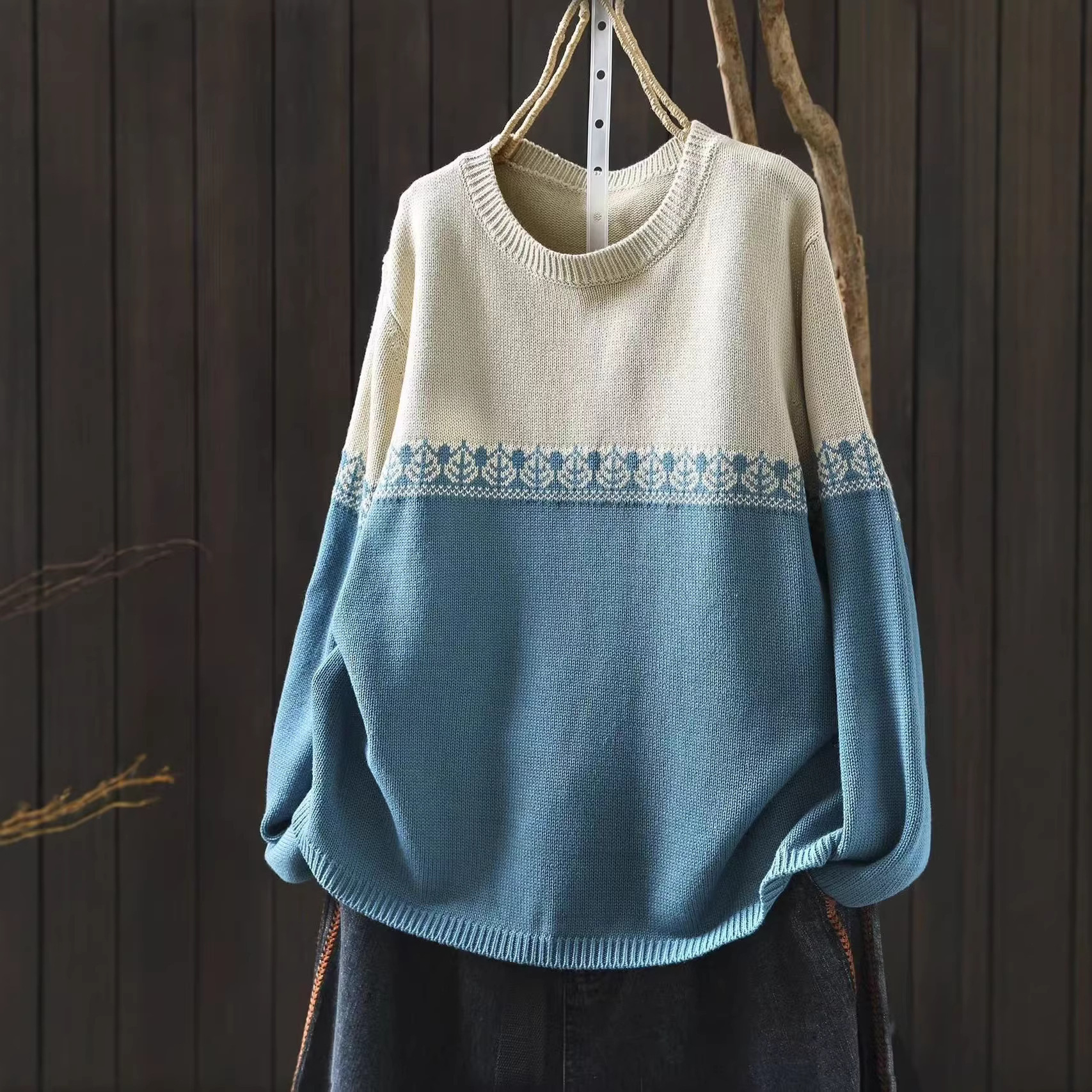 Loose Fit Preppy Crew-Neck Cotton Knit Sweater - Color Block