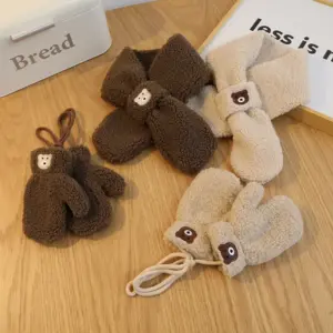 Warm Cartoon Bear Mittens Set for Kids, Acrylic Winter Gloves