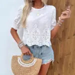 Hollow-out Embroidered Three-quarter Sleeve Womens Shirt