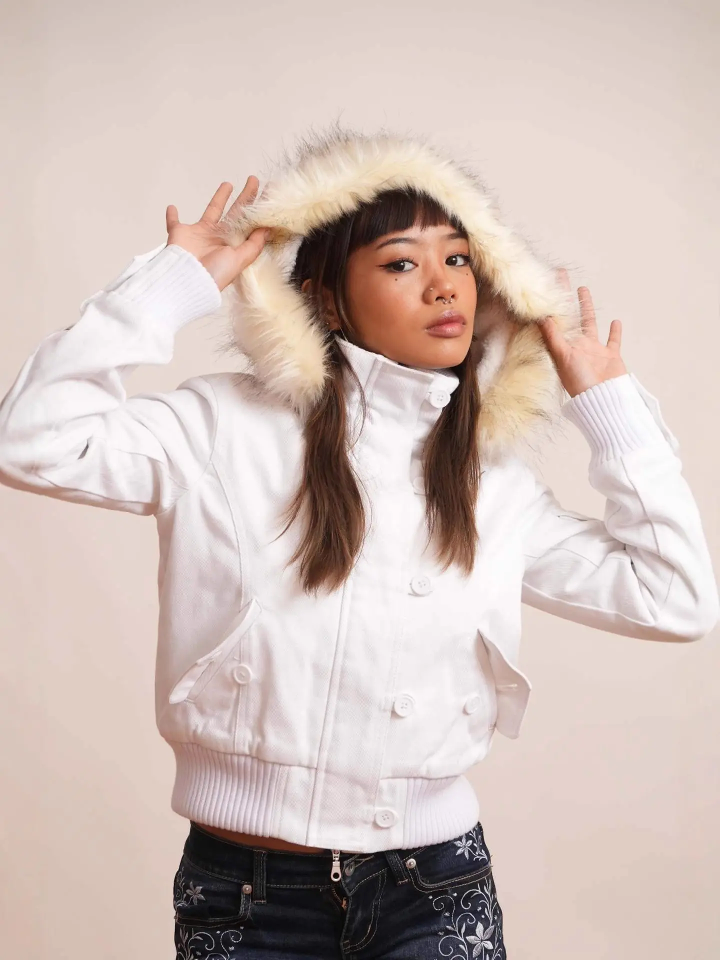 Warm Women’s Short Jacket with Fur-Trim Hood