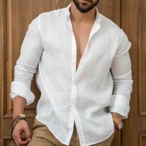 Non-Iron Linen Cotton Blend Button-Front Shirt for Summer