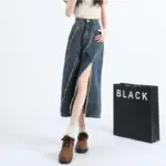 Street-Style Khaki High-Waisted Denim Skirt, Raw Hem & Slit