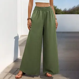Army Green Wide-Leg Pants for Women with Elastic Waist
