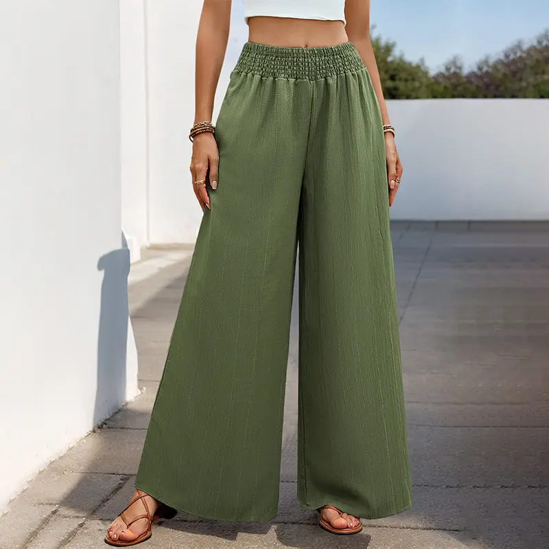Army Green Wide-Leg Pants for Women with Elastic Waist