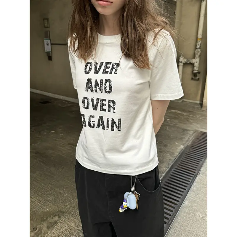 Retro Letter Print Cotton Short-Sleeve T-Shirt, Slim Fit Retro Letter Print Cotton Short-Sleeve T-Shirt, Slim Fit