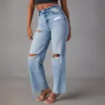 Ripped, Raw-Hem Denim Jeans Casual Washed Womens Straight-Leg Pants