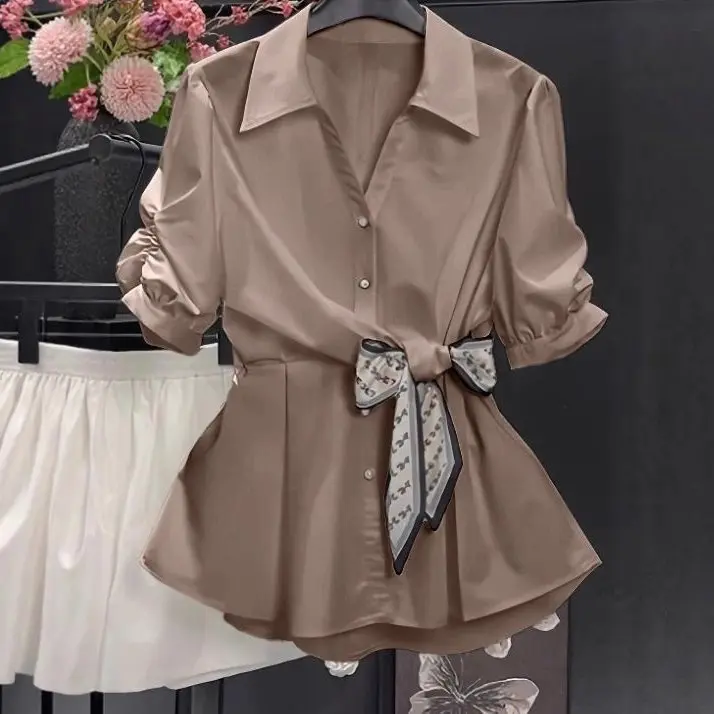 Short-sleeve Top Petite Shirt Fitted-waist Blouse