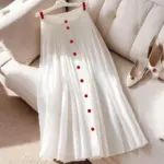 Womens High-Waisted White Pleated Fashionable Versatile Slimming Skirt