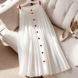 Womens High-Waisted White Pleated Fashionable Versatile Slimming Skirt