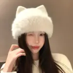 Warm Beige Cat-Ear Wool Knit Hat for Women, Winter M