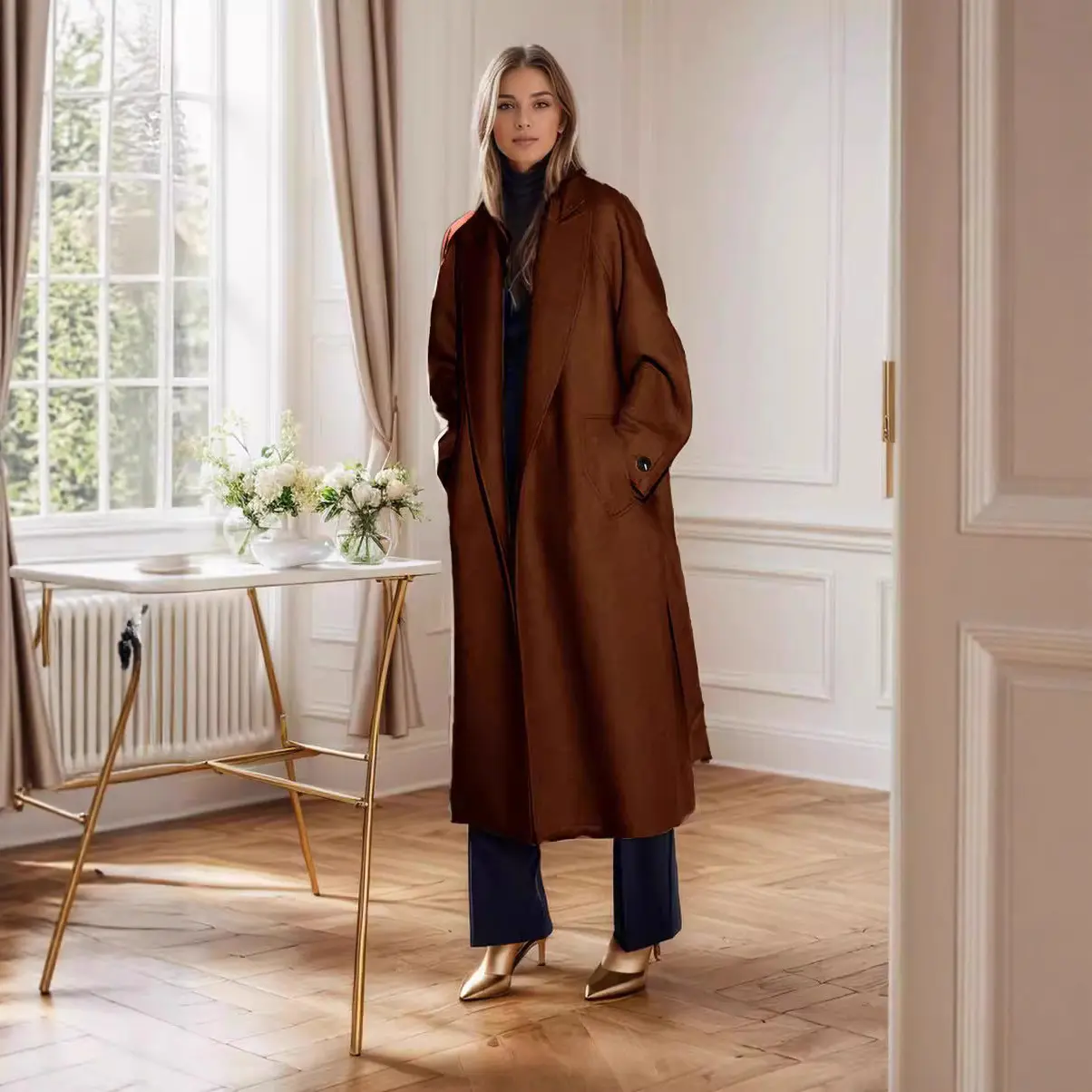 Warm Wool-Blend Autumn Winter Coat for Women - Black/White/Brown Warm Wool-Blend Autumn Winter Coat for Women - Black/White/Brown