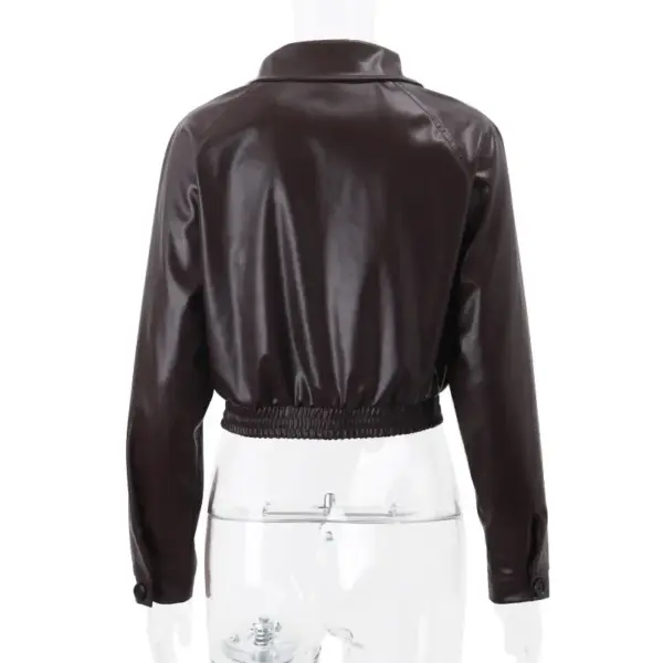 Retro Brown PU Leather Zipper Jacket for Women, Slim Fit