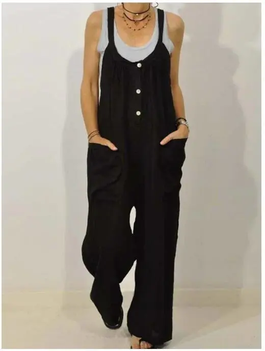 Pocket Solid Color Elastic Button Romper