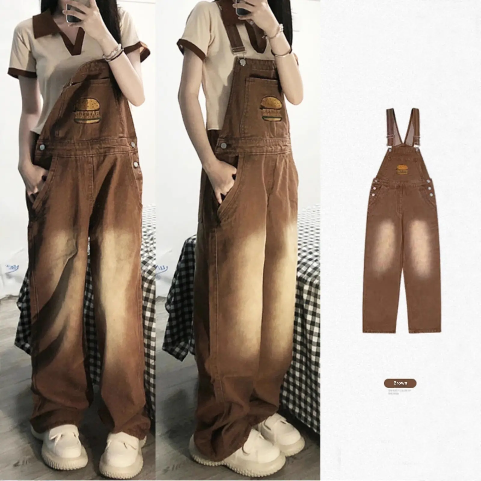 High-Waist Denim Suspender Pants with Burger Embroidery High-Waist Denim Suspender Pants with Burger Embroidery