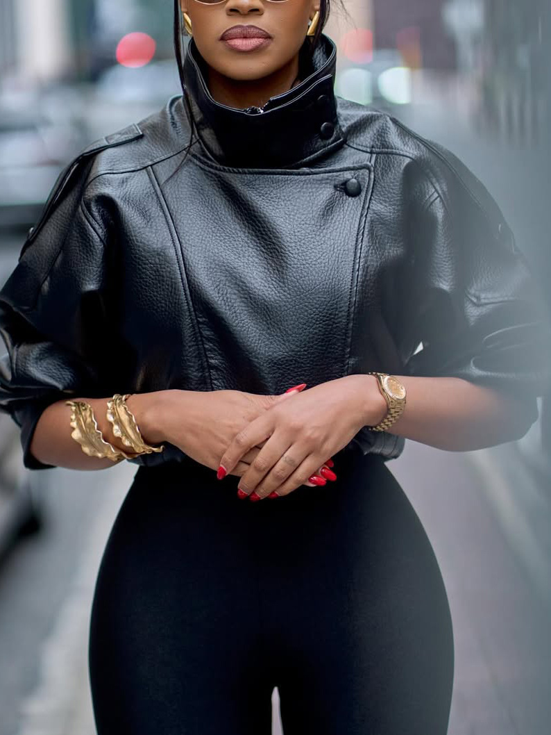 Structured Stand Collar Puff Sleeve Cropped Faux Leather Jacket Structured Stand Collar Puff Sleeve Cropped Faux Leather Jacket