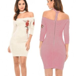 Shoulderless Choker Neck Suede Dress Women Rose Flower Embroided Bandage Mini Dress