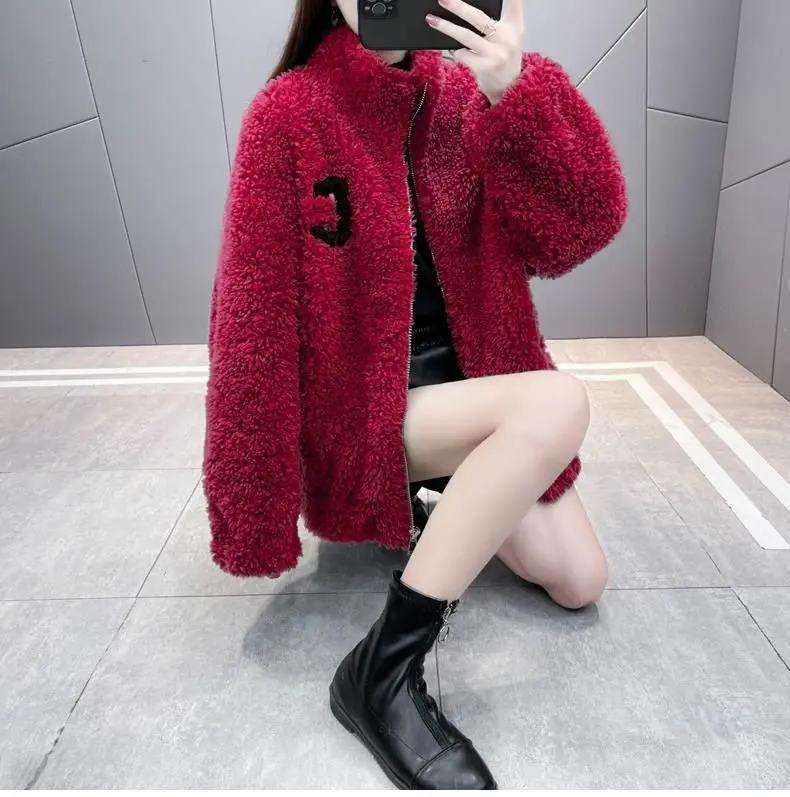 Warmth-Boosting Double-Sided Womens Short Shearling Coat with Zipper