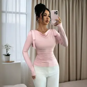 Slimming Women’s Turtleneck Long Sleeve Top, Solid Light Pink