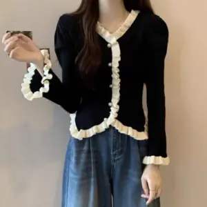 Spring Autumn High-end French Chanel-style Lace-panelled Puffed-sleeve Womens Top