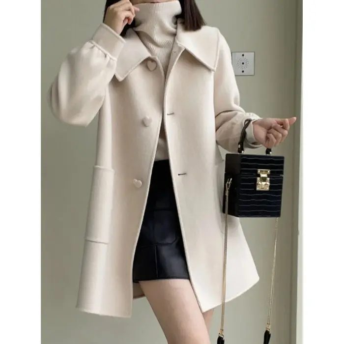 Womens Geometric Wool Coat with Doll Neck Patchwork