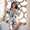 Relaxed Printed Lapel Cardigan Pyjamas Set, Short Sleeve Silk-Look
