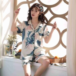Relaxed Printed Lapel Cardigan Pyjamas Set, Short Sleeve Silk-Look