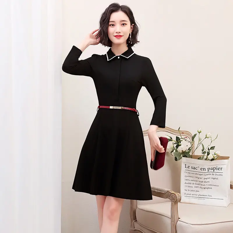 Temperament Korean Suit Collar Dress for Women - Black