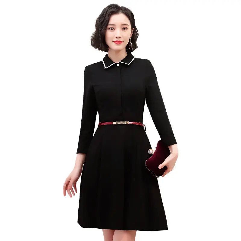Temperament Korean Suit Collar Dress for Women - Black