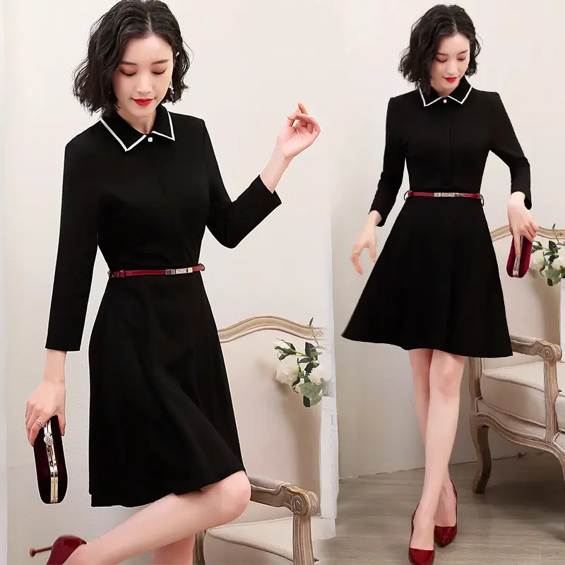 Temperament Korean Suit Collar Dress for Women - Black