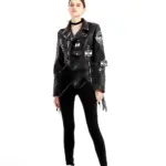 Street-Style Graffiti Printed PU Leather Jacket with Rivets for Women