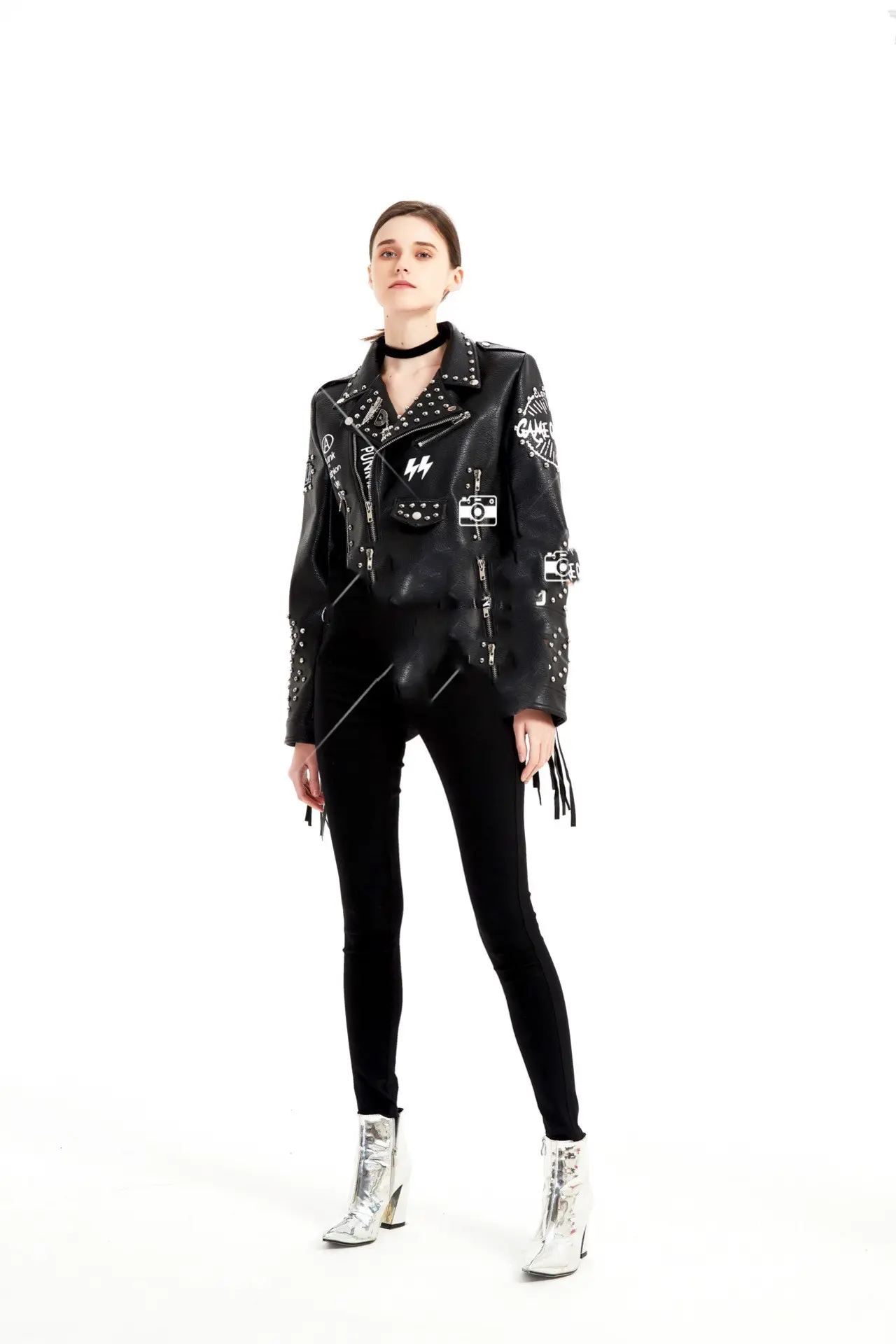 Street-Style Graffiti Printed PU Leather Jacket with Rivets for Women