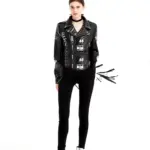Street-Style Graffiti Printed PU Leather Jacket with Rivets for Women