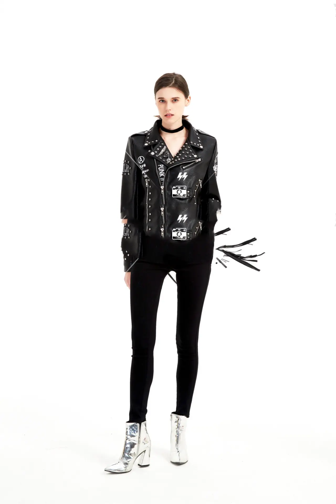 Street-Style Graffiti Printed PU Leather Jacket with Rivets for Women