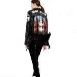 Street-Style Graffiti Printed PU Leather Jacket with Rivets for Women