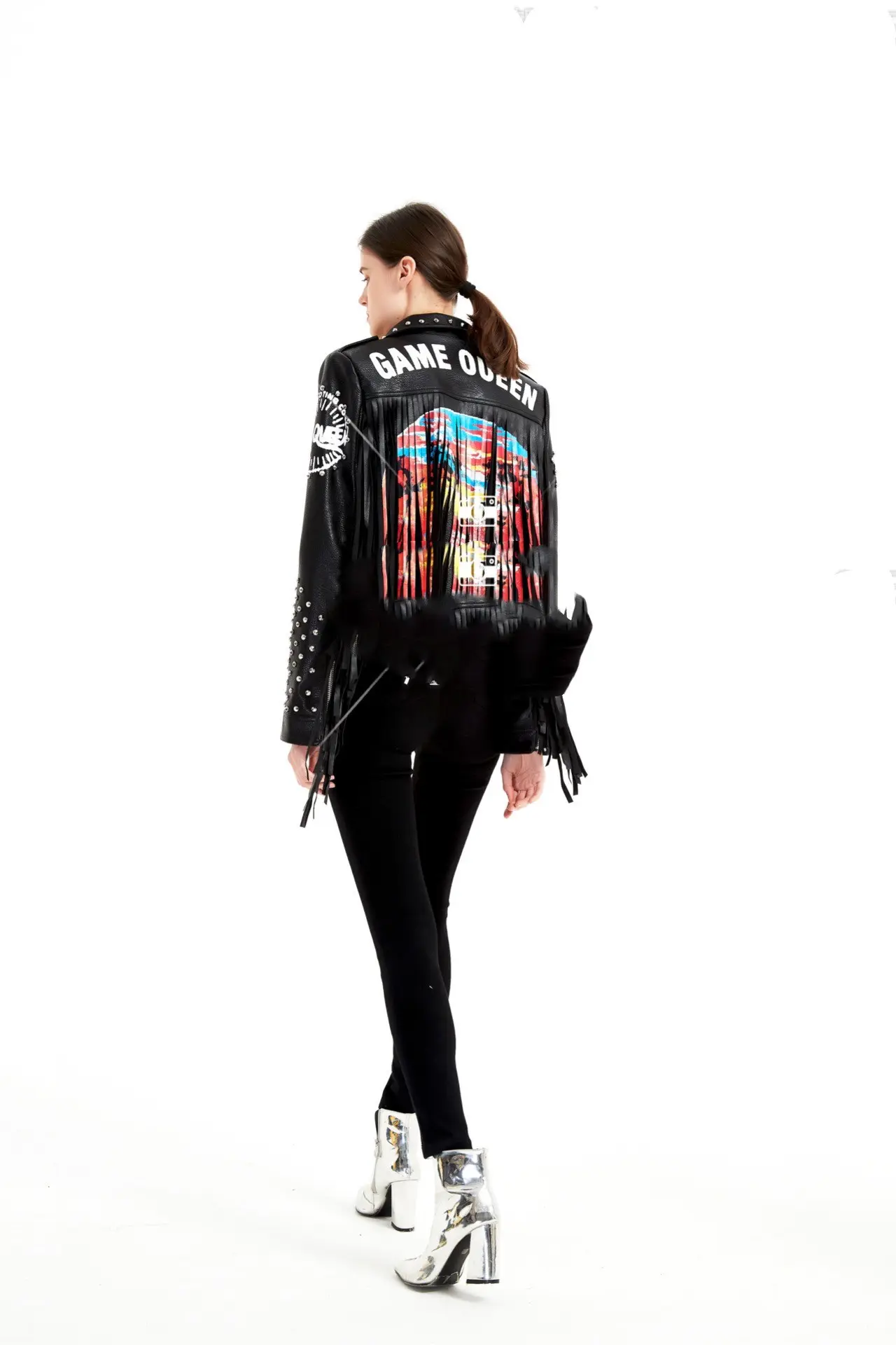 Street-Style Graffiti Printed PU Leather Jacket with Rivets for Women