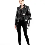 Street-Style Graffiti Printed PU Leather Jacket with Rivets for Women