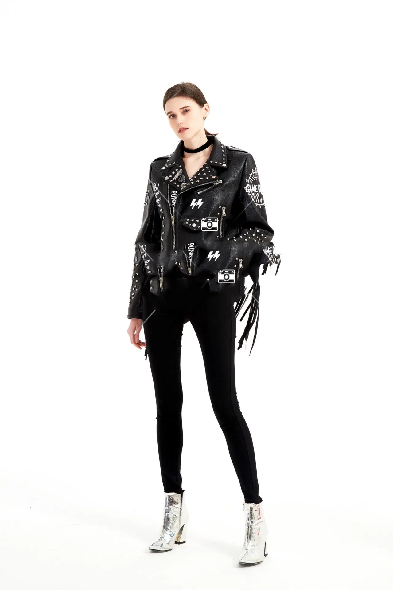 Street-Style Graffiti Printed PU Leather Jacket with Rivets for Women