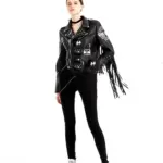 Street-Style Graffiti Printed PU Leather Jacket with Rivets for Women