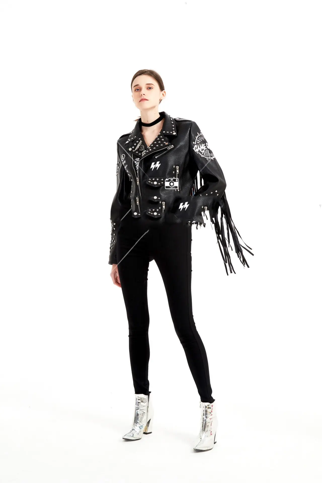 Street-Style Graffiti Printed PU Leather Jacket with Rivets for Women