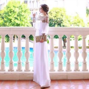 Sparkling Nail Bead Chiffon Bridesmaid Dress, White Long