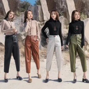 Slim High-Waist Nine-Point Straight Leather Pants for Women