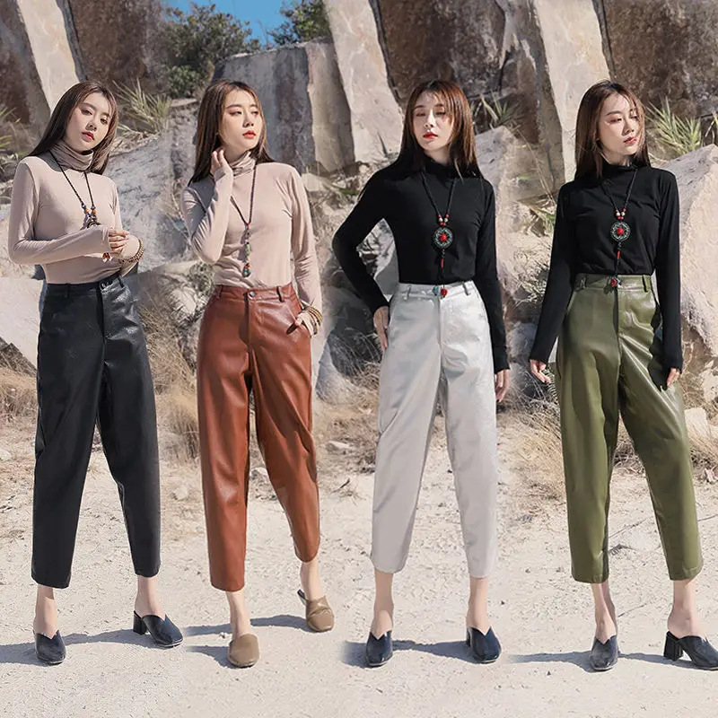 Slim High-Waist Nine-Point Straight Leather Pants for Women