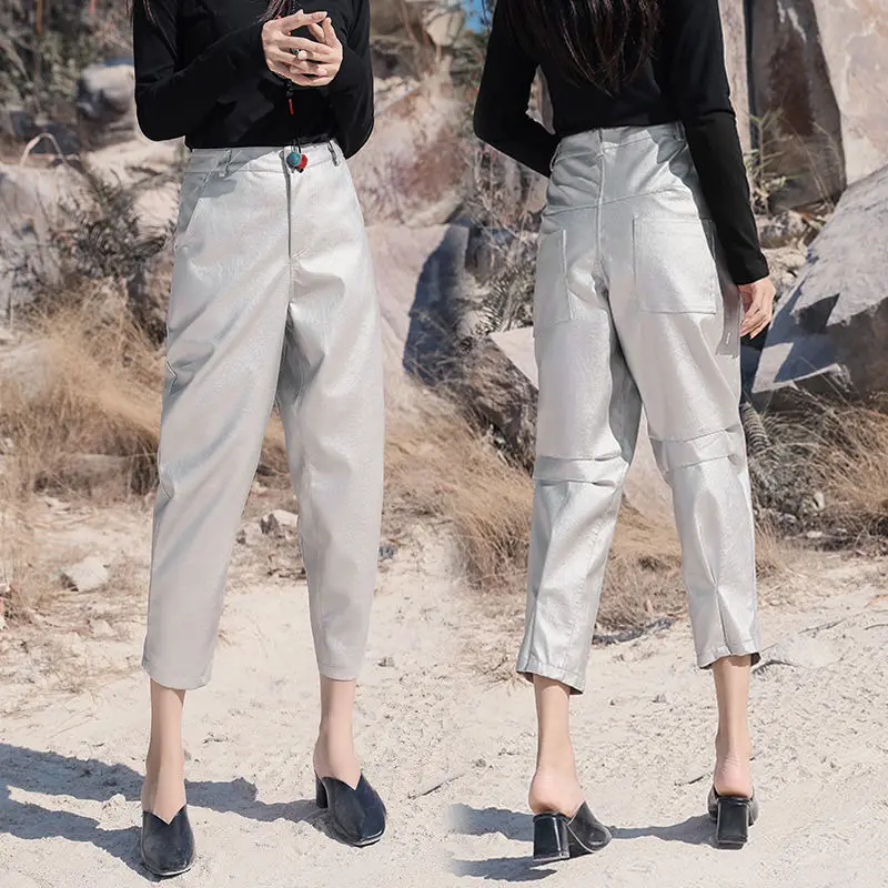 Slim High-Waist Nine-Point Straight Leather Pants for Women