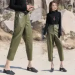 Slim High-Waist Nine-Point Straight Leather Pants for Women