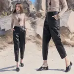 Slim High-Waist Nine-Point Straight Leather Pants for Women