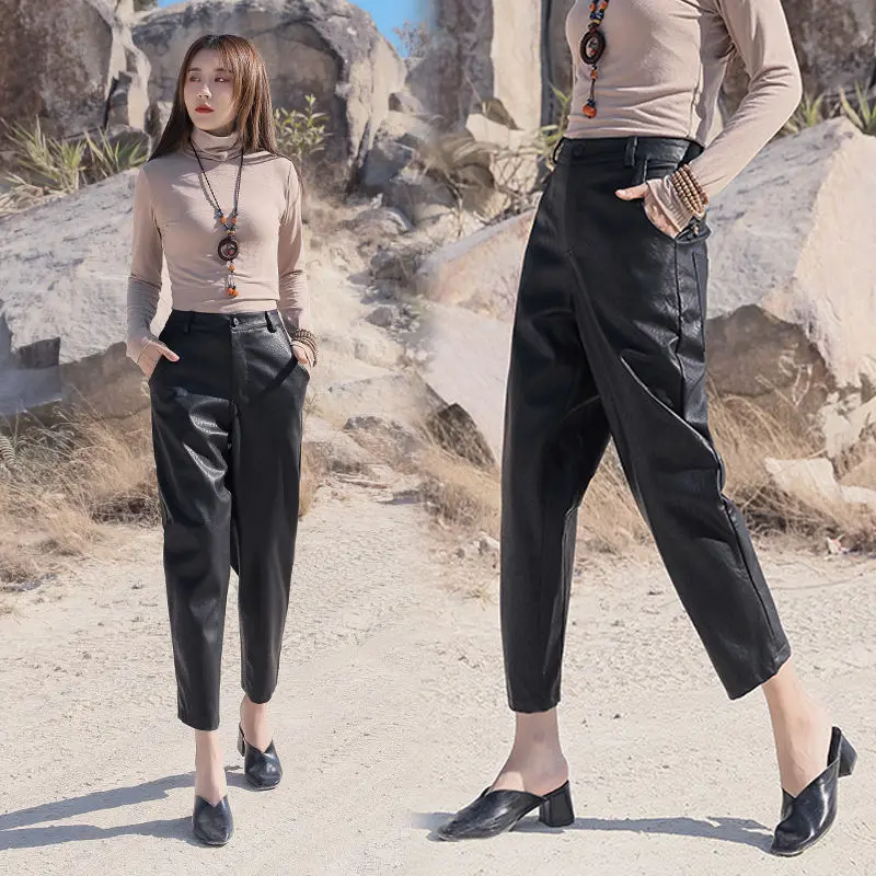 Slim High-Waist Nine-Point Straight Leather Pants for Women